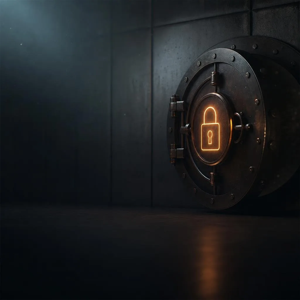 Abstract dark data vault with glowing neon lock motif